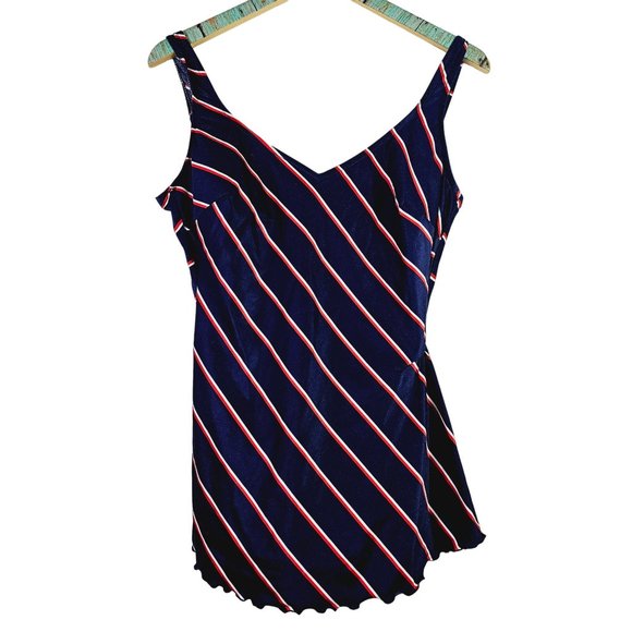 Vtg 1960-70s Striped Teenage Beachwear Corp One Piece Skirted Bathing Suit, 18 - Picture 1 of 9